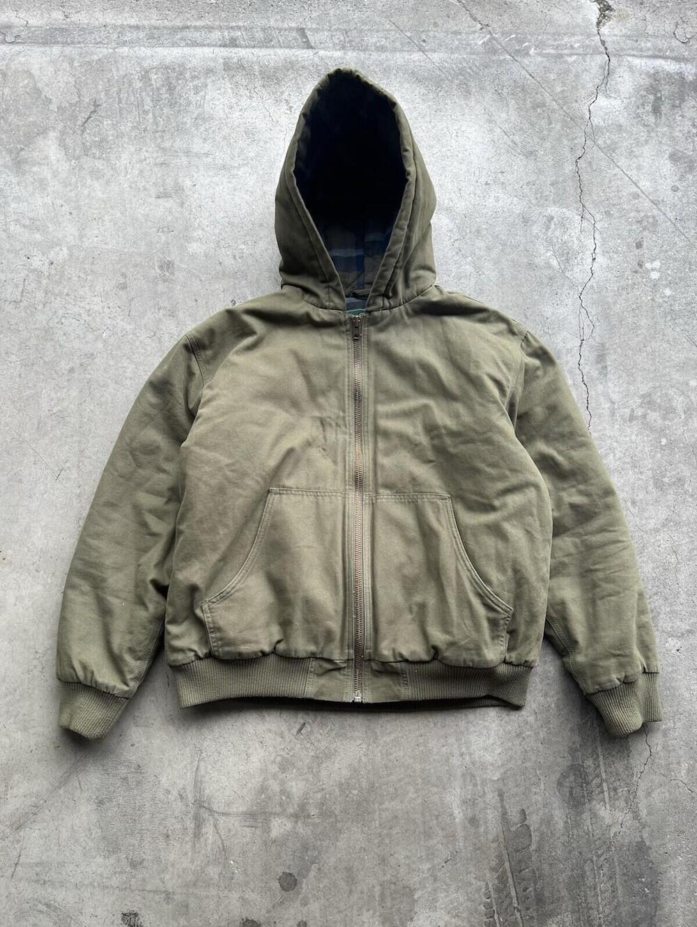 Woolrich Green Label Duck Canvas Hooded Work Jacket Plaid Lined Men’s M Olive